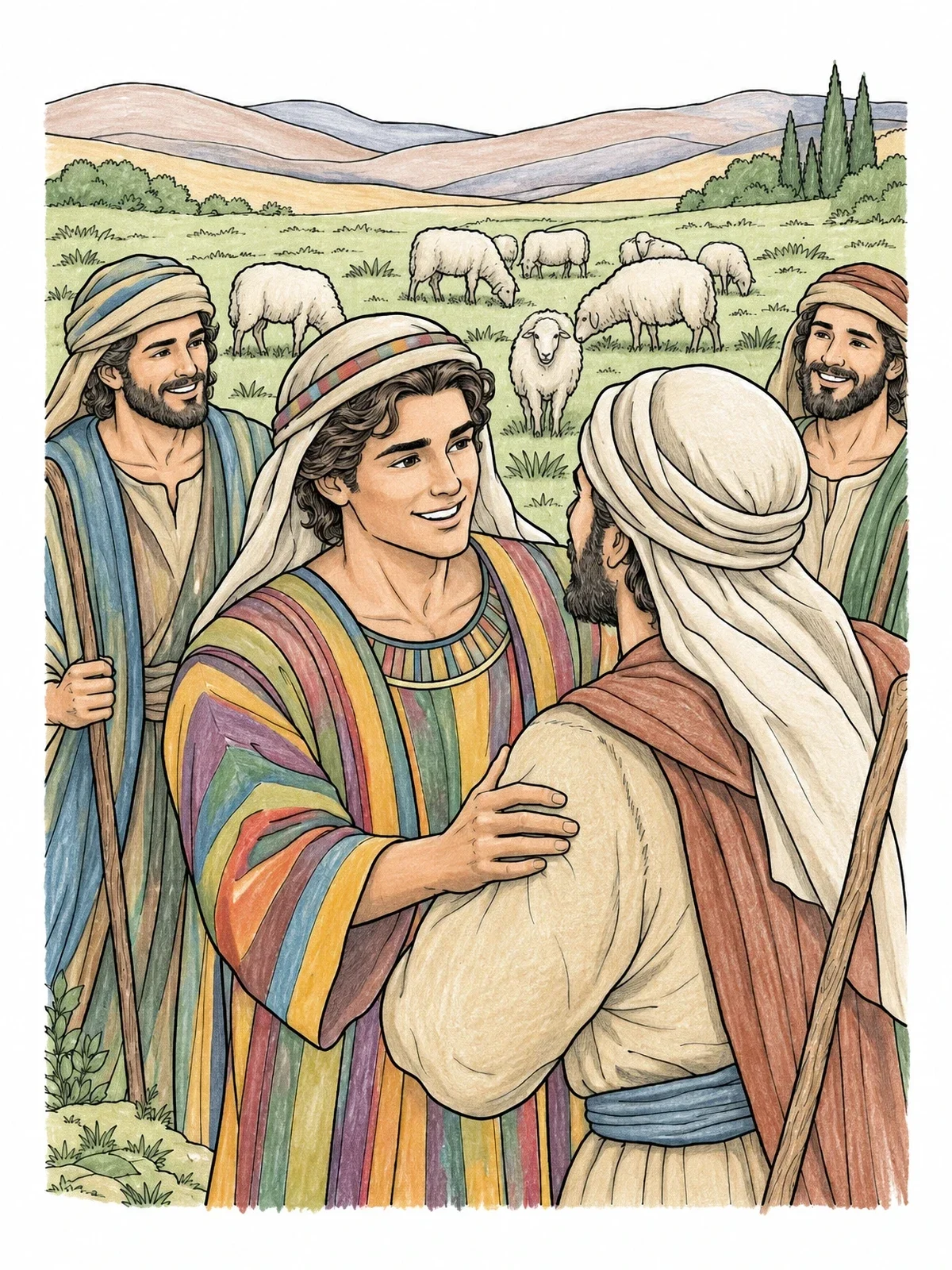 Colored example of the Joseph Meets His Brothers In The Field coloring page