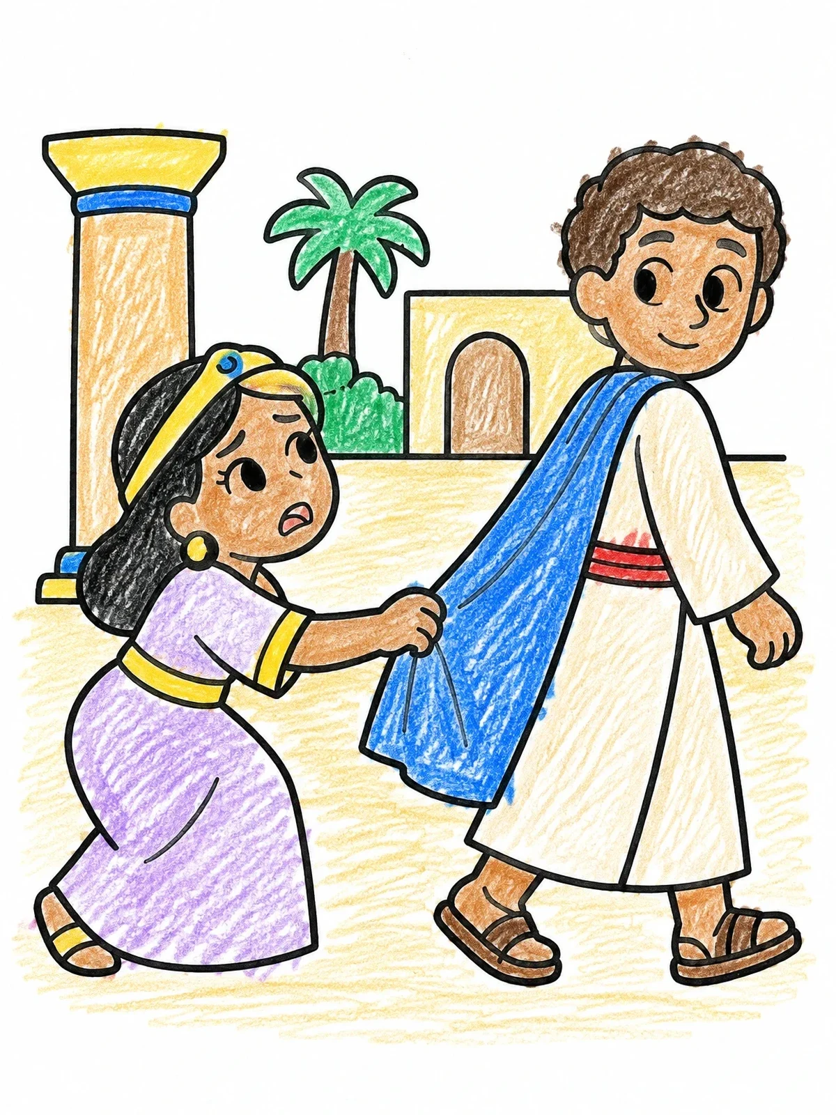 Colored example of the Joseph Escaping With Cloak Held coloring page