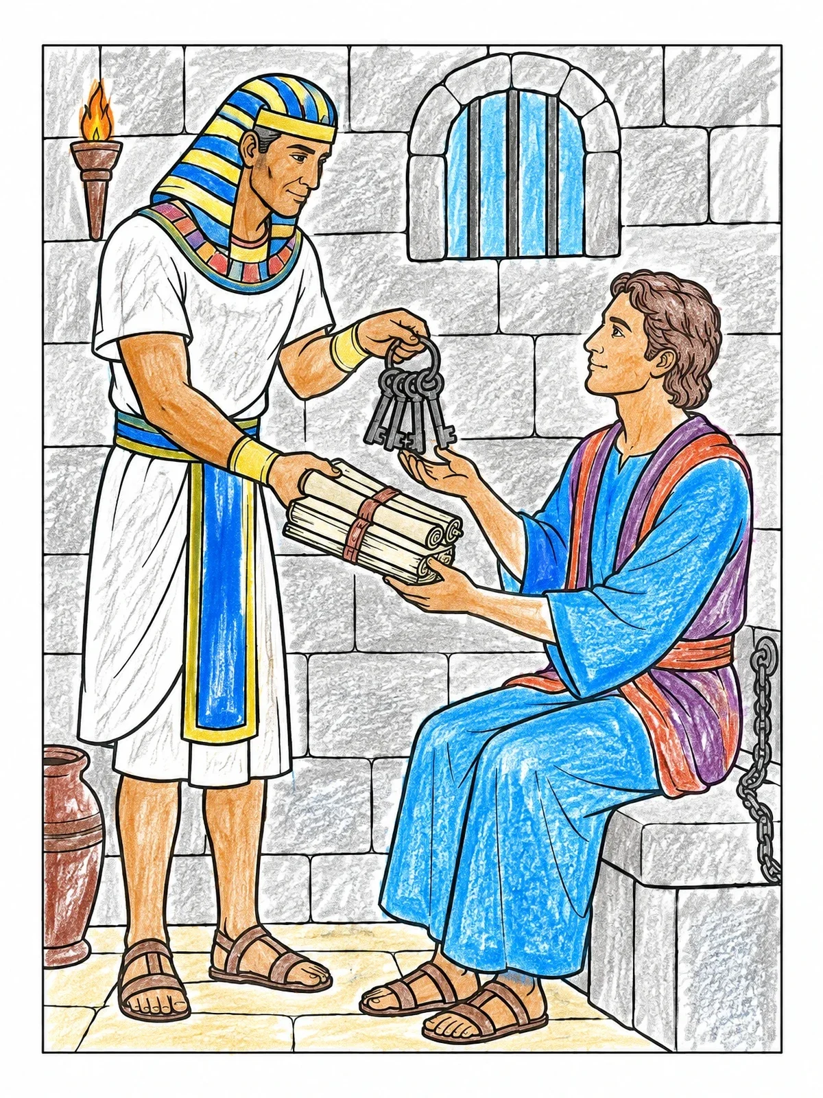 Colored example of the Joseph Receiving Prison Keys In Egypt coloring page