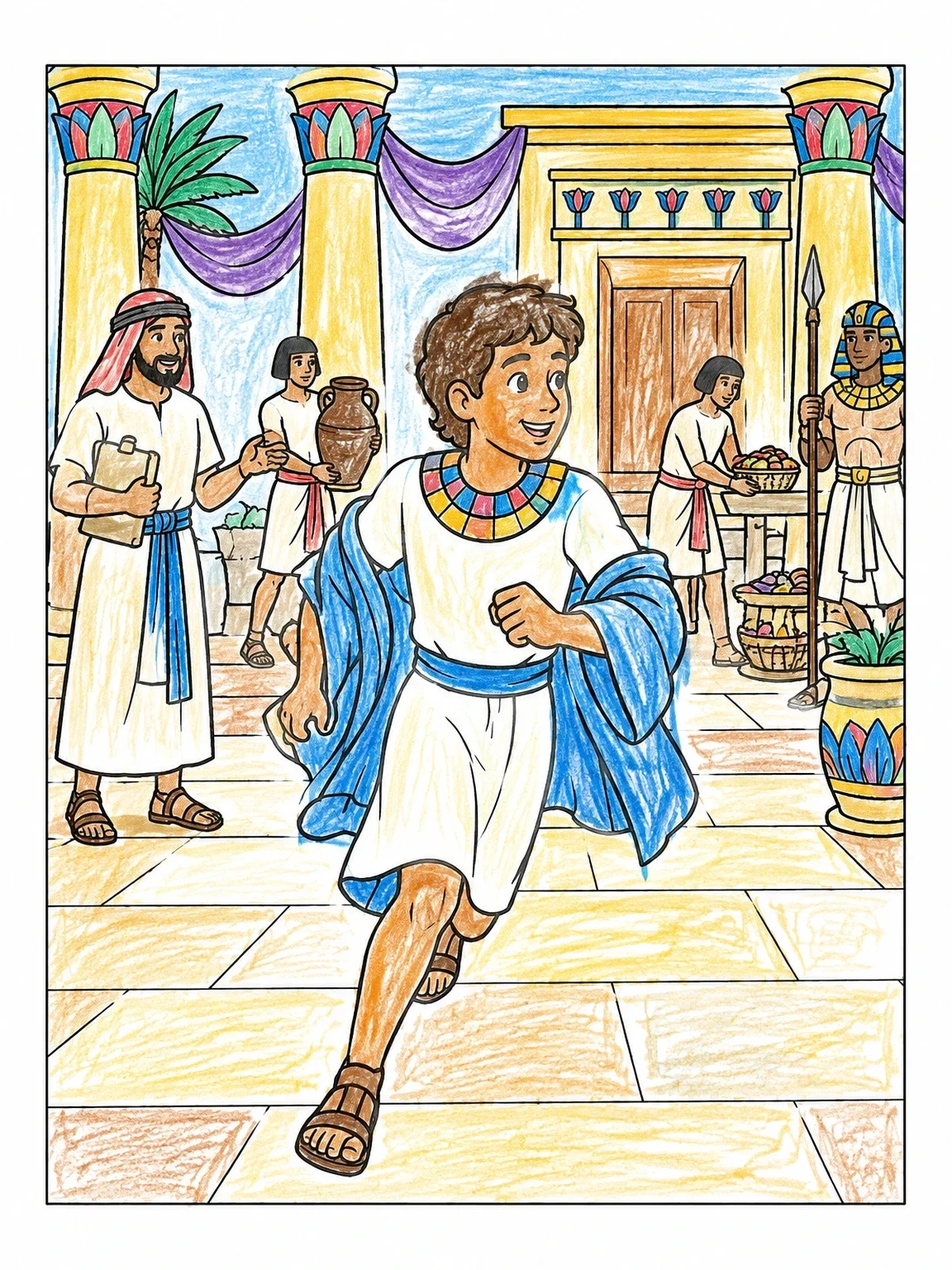 Colored example of the Joseph Running Through The Palace coloring page