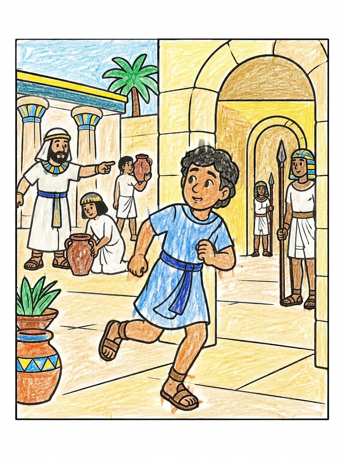 Colored example of the Joseph Running From Potiphar House coloring page