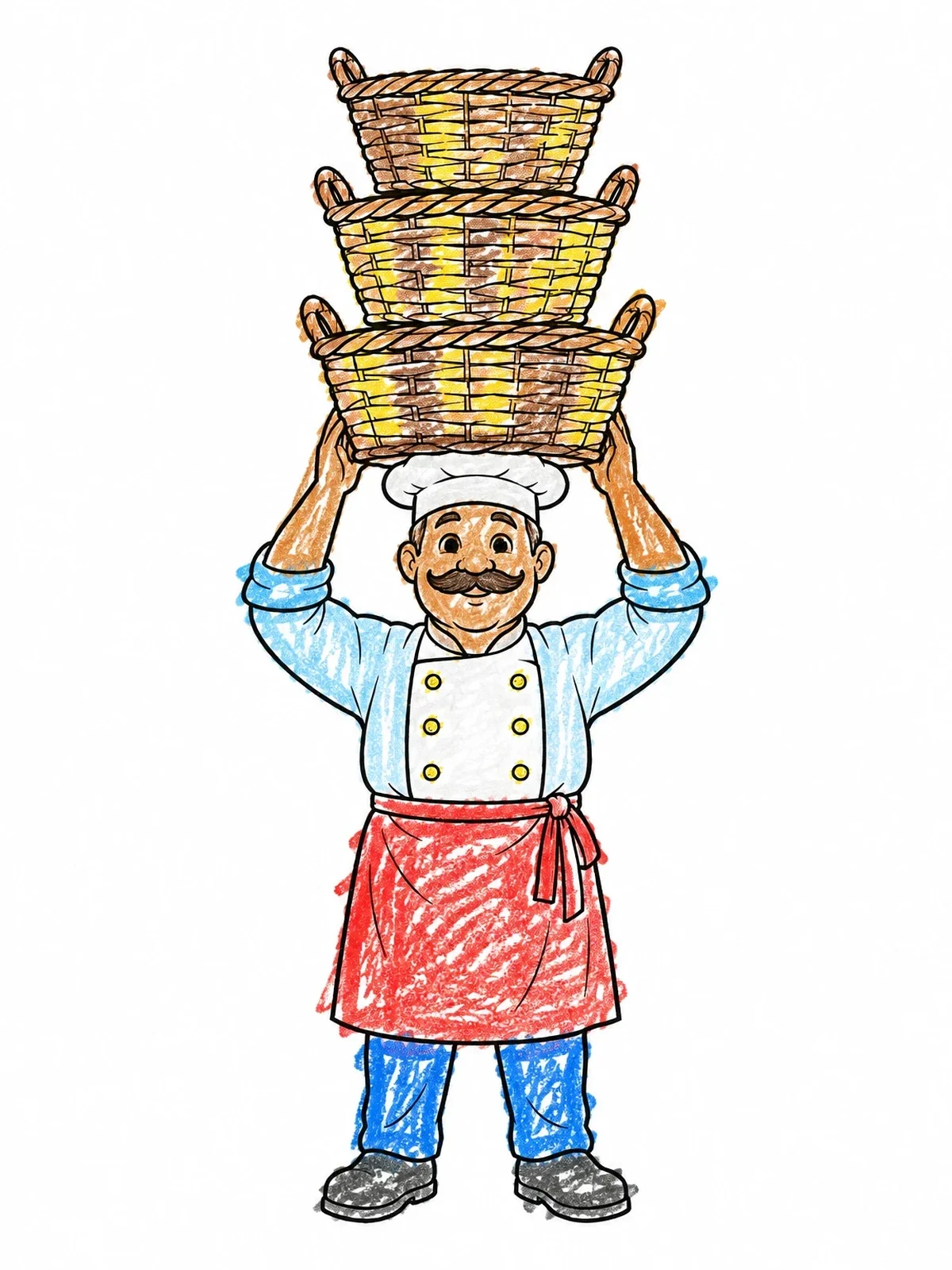 Colored example of the Baker Carrying Three Baskets On Head coloring page