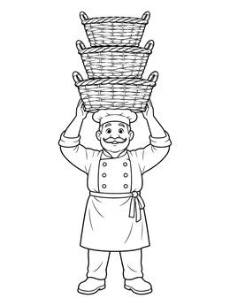 A friendly baker balancing three wicker baskets on his head in this josephs dreams coloring page.