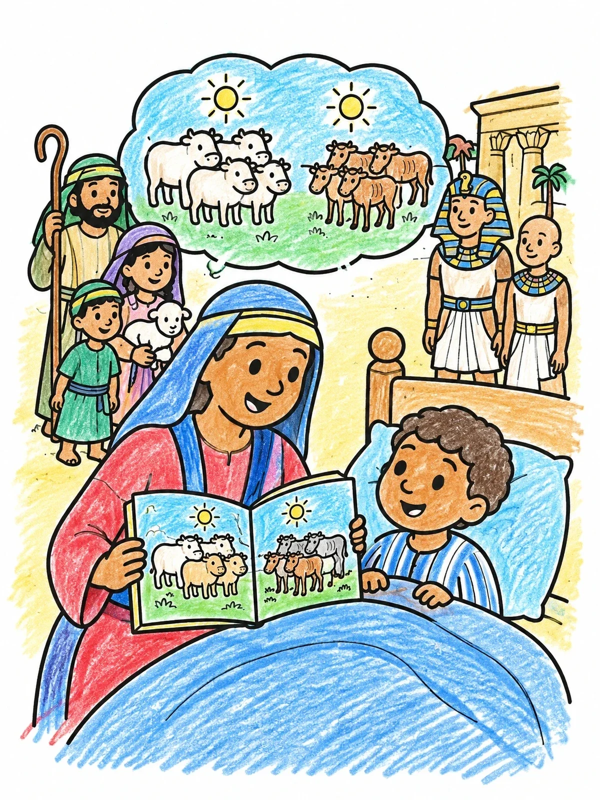 Colored example of the Bedtime Story Of Pharaoh's Dream coloring page
