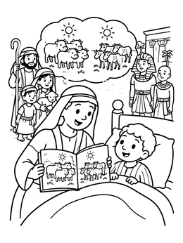 A parent reading about cows in this josephs dreams coloring page.