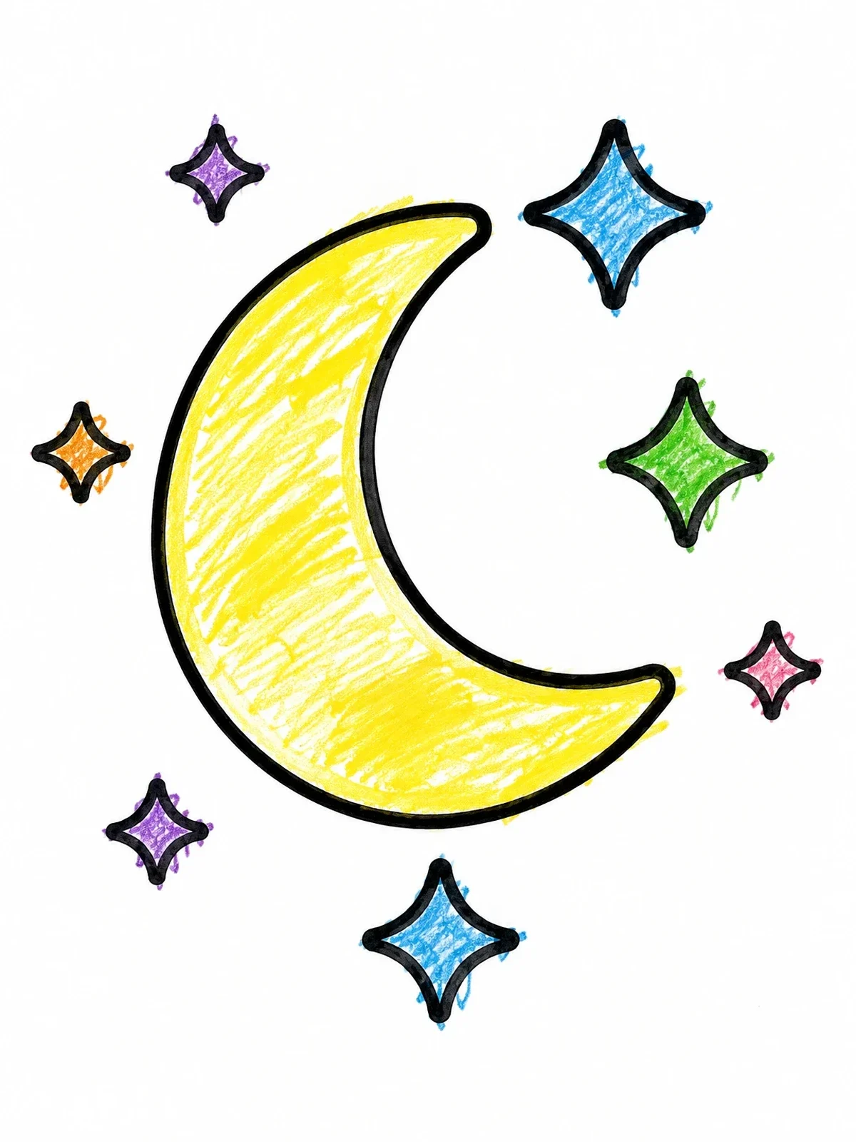 Colored example of the Crescent Moon And Sparkling Stars coloring page
