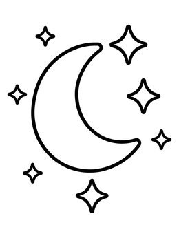 A simple josephs dreams coloring page featuring a crescent moon surrounded by seven shiny stars.