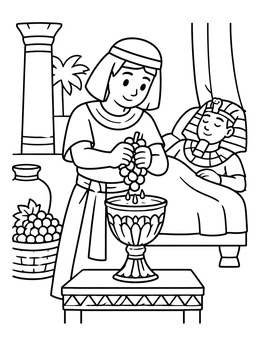 A josephs dreams coloring page showing the royal cupbearer squeezing fresh grapes into a golden chalice.