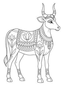 An ornate Egyptian cow features in this josephs dreams coloring page with detailed patterns.