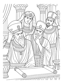 Confused Egyptian wise men gather around a scroll in this josephs dreams coloring page.