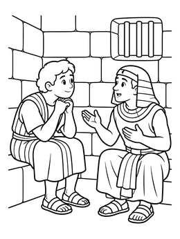 A simple josephs dreams coloring page showing Joseph listening to the cupbearer inside a prison cell.