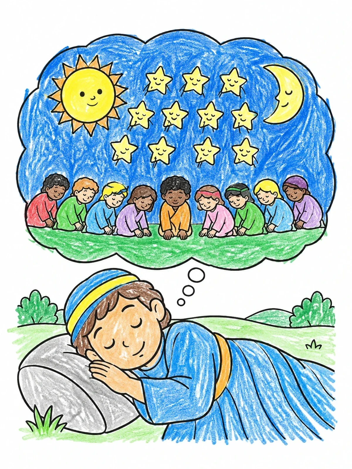 Colored example of the Joseph Dreaming Of Bowing Stars coloring page