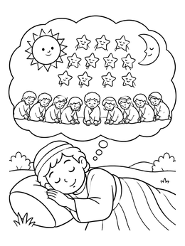 A peaceful josephs dreams coloring page with stars, sun, and moon in a thought bubble.
