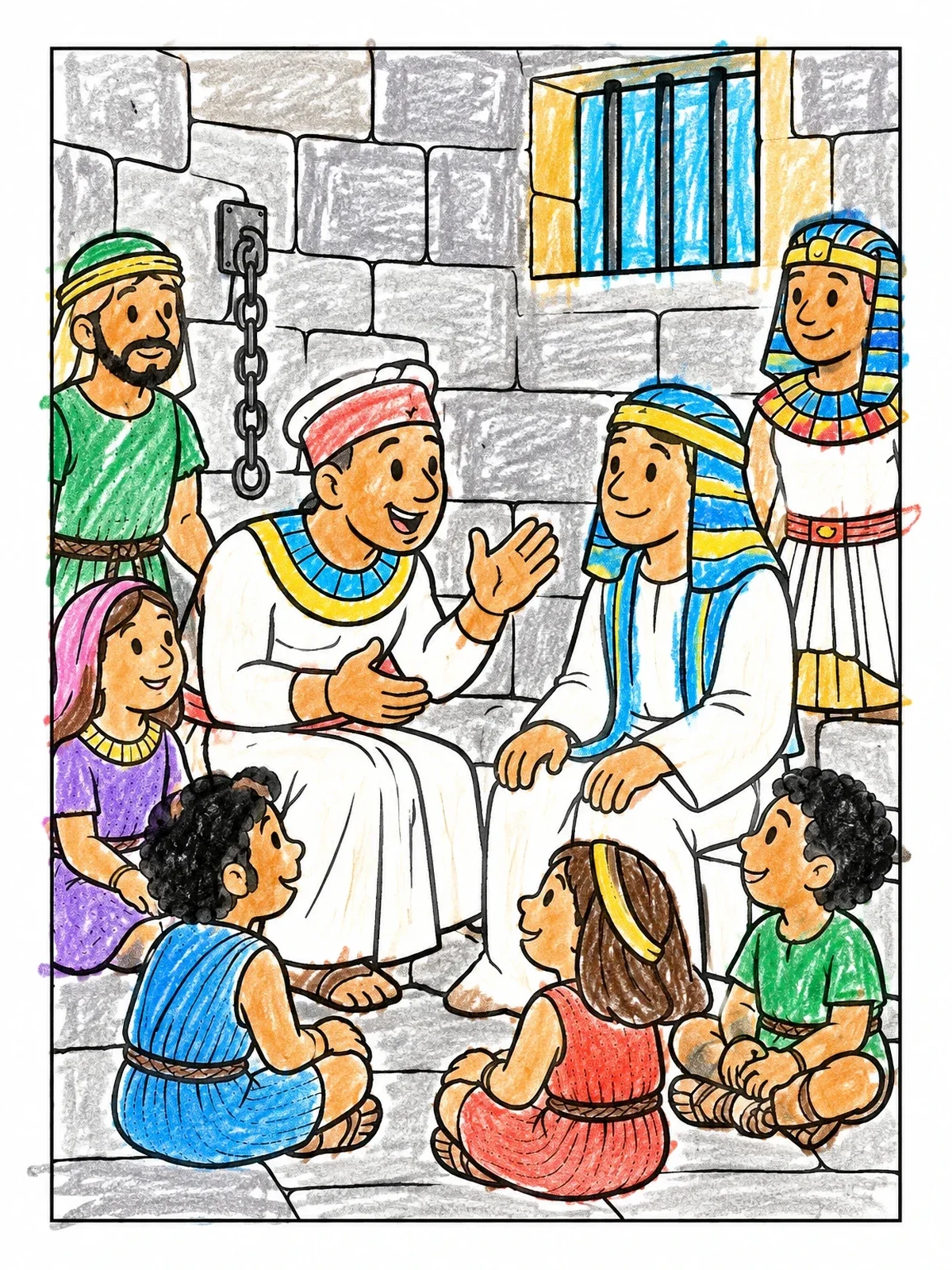 Colored example of the Joseph Listening In Prison coloring page