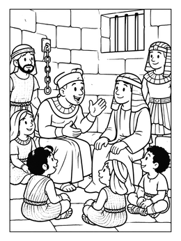 Men and children talking together on this josephs dreams coloring page.