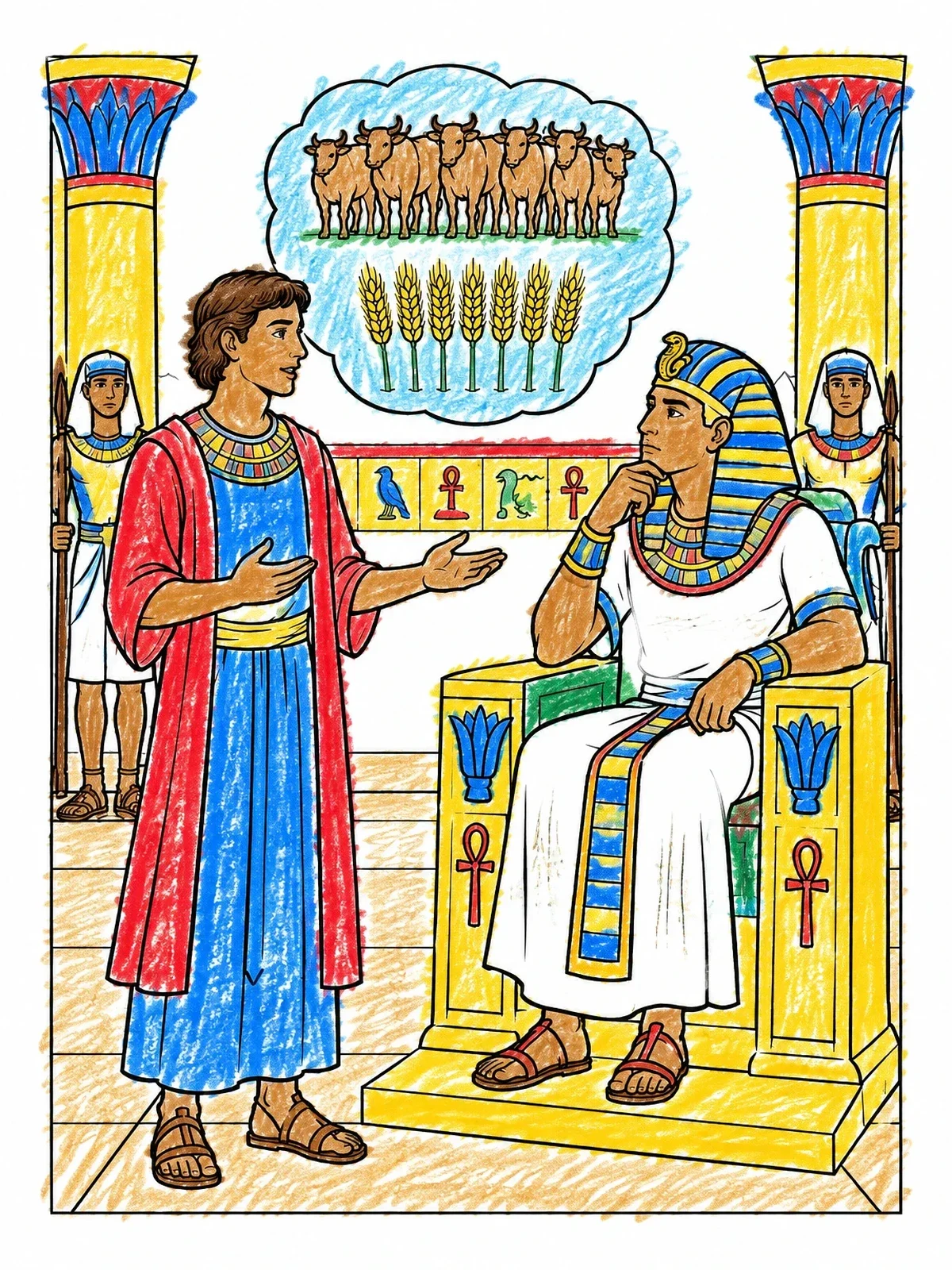 Colored example of the Joseph Interpreting Pharaoh's Dream coloring page