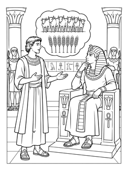 A detailed josephs dreams coloring page showing Joseph explaining the cows and grain to Pharaoh.