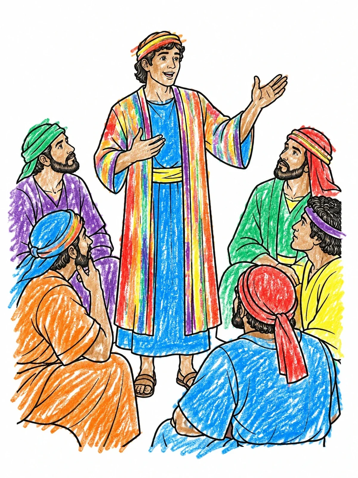 Colored example of the Joseph Speaking To His Brothers coloring page