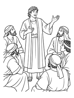 In this josephs dreams coloring page, young Joseph stands and shares his dreams with his seated brothers.