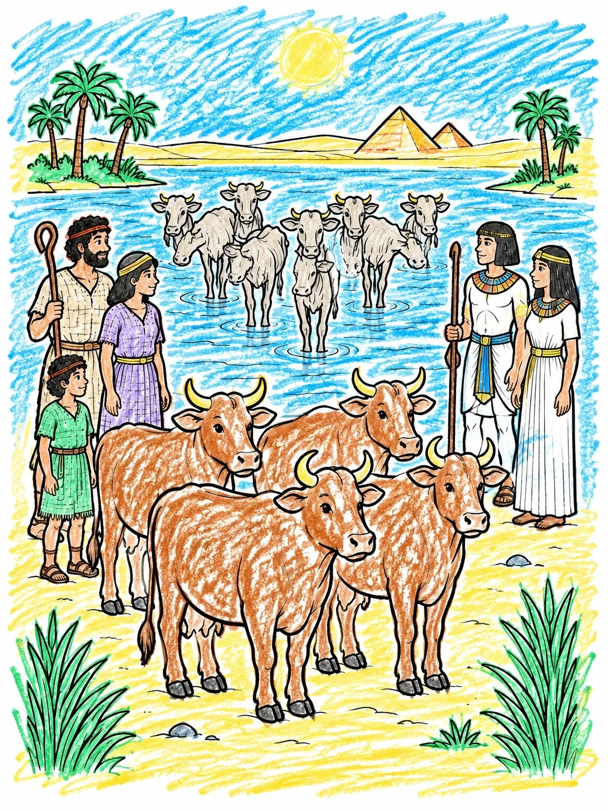 Colored example of the Pharaoh's Dream Of The Seven Cows coloring page