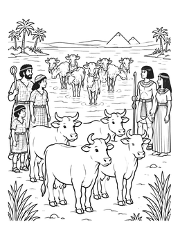 A detailed josephs dreams coloring page featuring cows emerging from the Nile River with pyramids in Egypt.