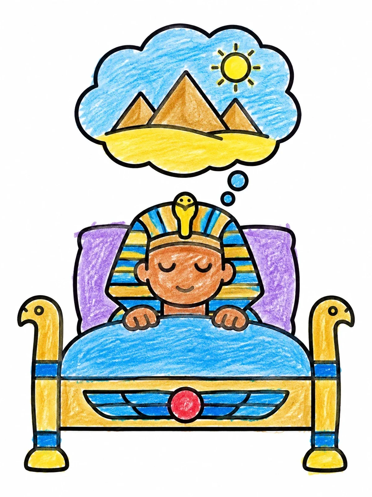 Colored example of the Pharaoh Sleeping And Dreaming Of Pyramids coloring page
