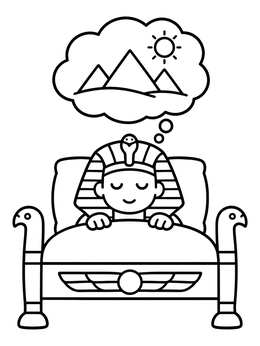 A josephs dreams coloring page featuring Pharaoh asleep in bed dreaming about pyramids under the sun.
