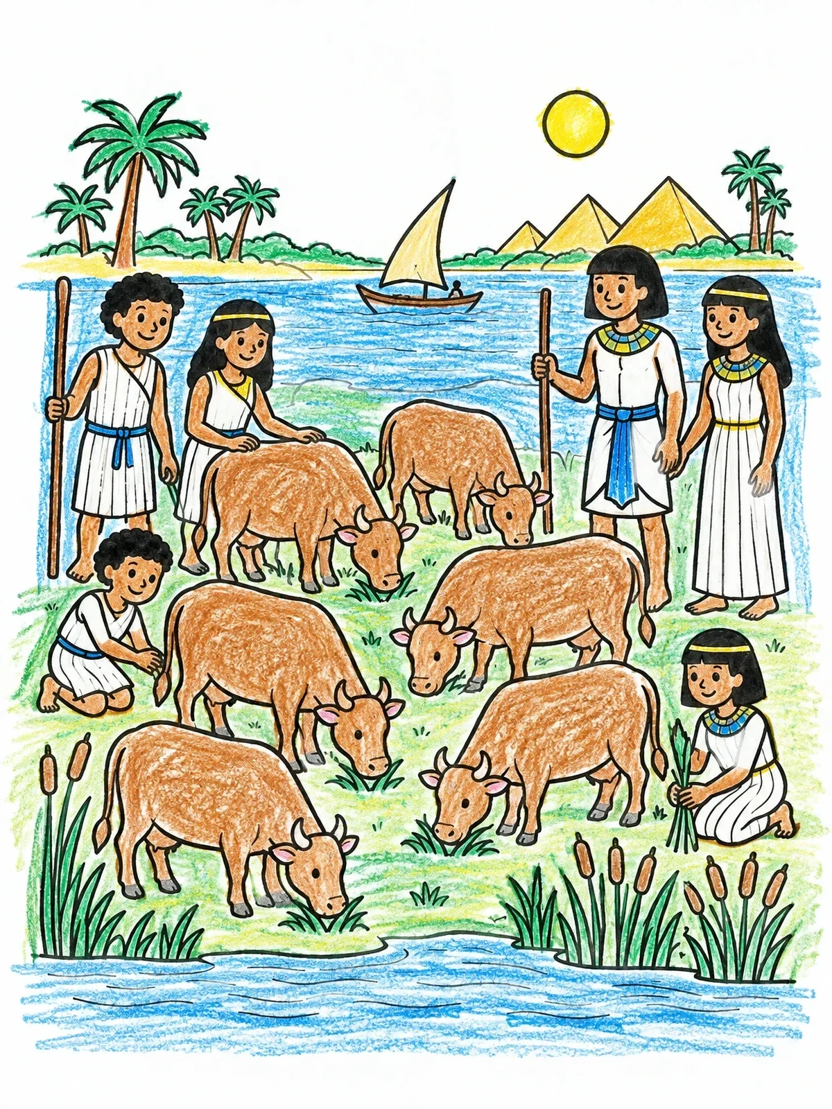 Colored example of the Seven Cows Grazing By The Nile coloring page