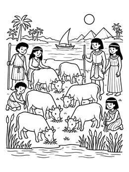 A peaceful josephs dreams coloring page featuring grazing cows along the Nile River with pyramids.
