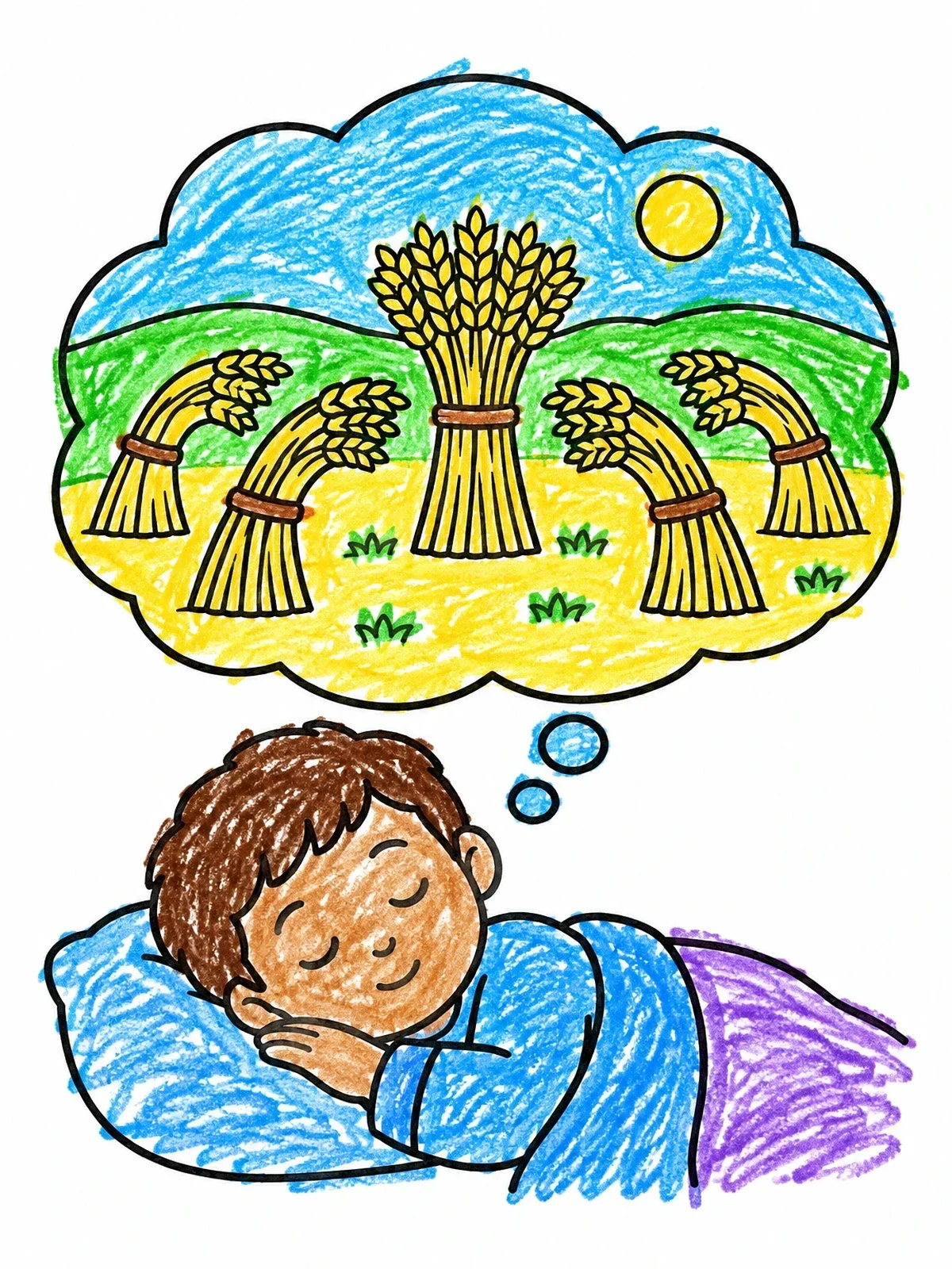 Colored example of the Young Joseph And His Grain Dream coloring page