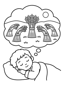 A peaceful josephs dreams coloring page showing the boy asleep while sheaves bow in a dream bubble.