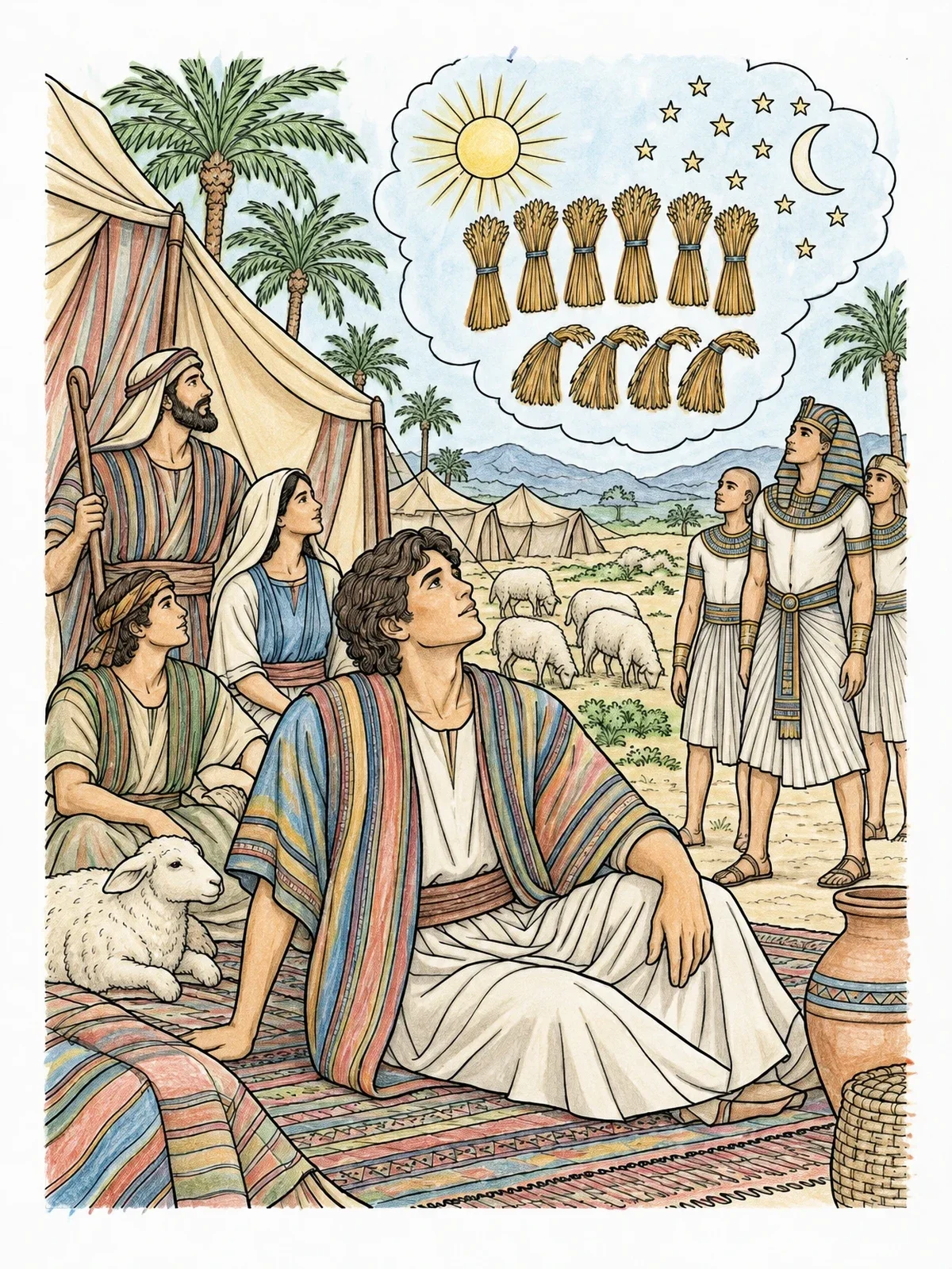 Colored example of the Young Joseph And His Prophetic Dreams coloring page