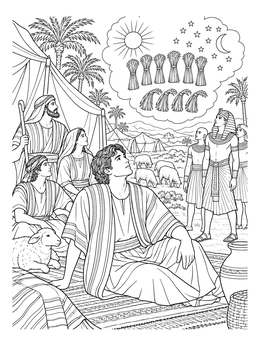 Young Joseph sits in camp envisioning sheaves and stars in this detailed josephs dreams coloring page.