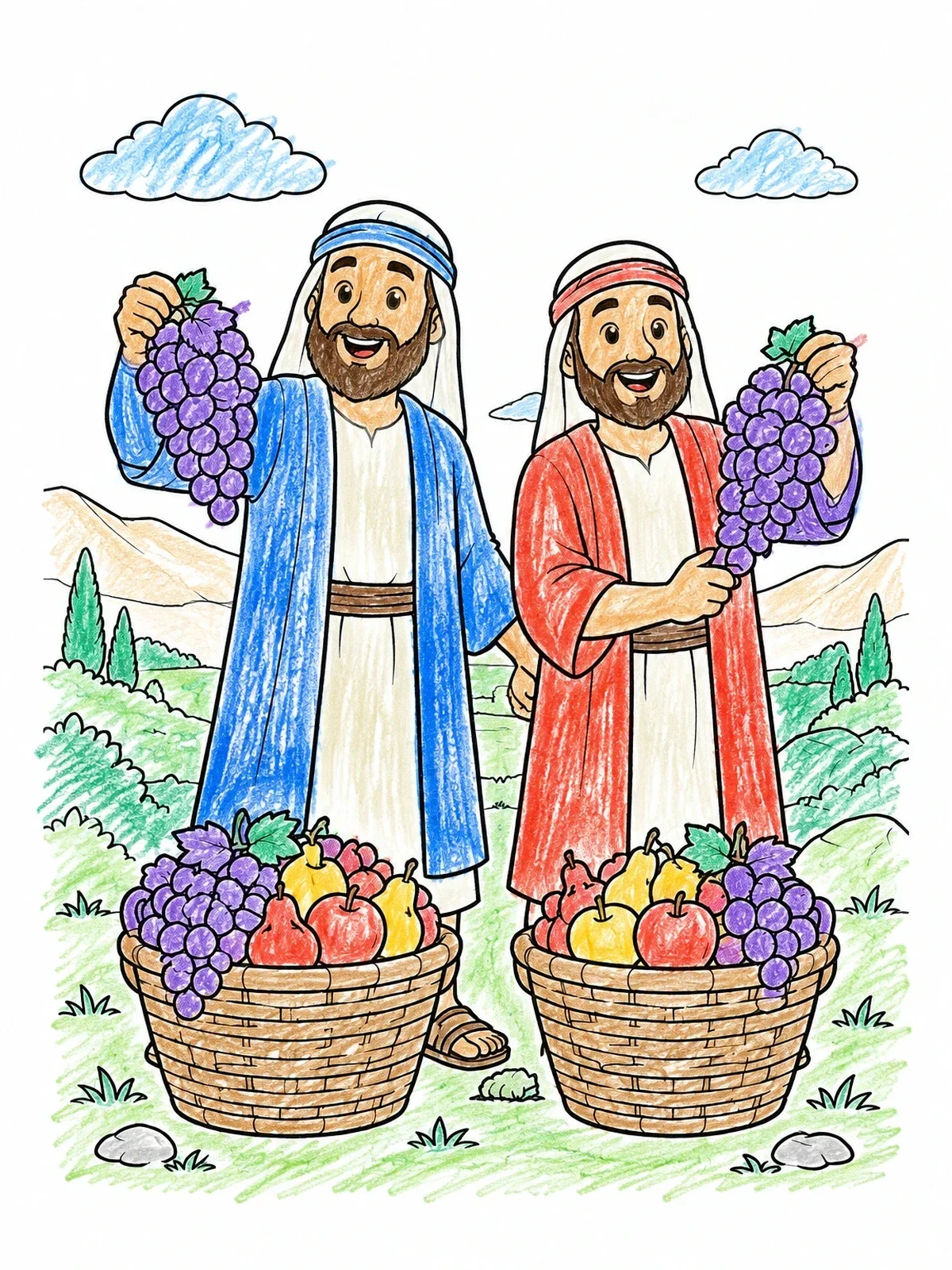 Colored example of the Joshua And Caleb With Bountiful Fruit coloring page