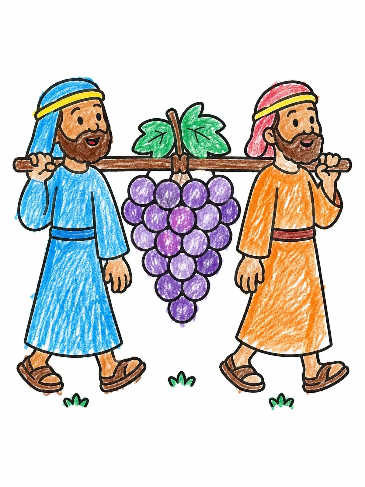 Colored example of the Joshua And Caleb Carrying Giant Grapes coloring page
