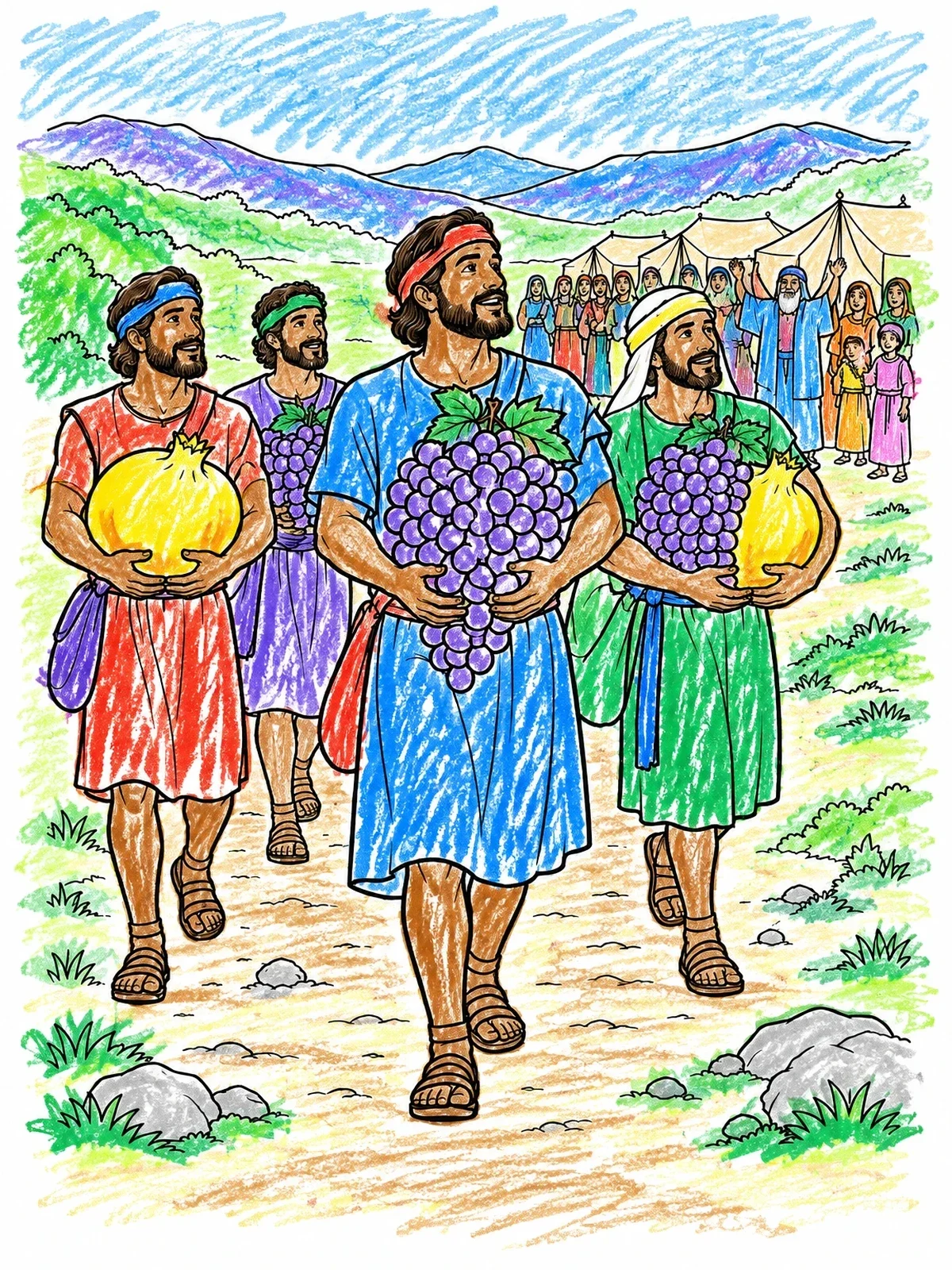 Colored example of the Biblical Spies Returning With Canaan Fruit coloring page