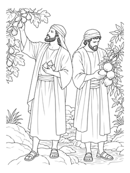 A detailed joshua and caleb coloring page showing two men harvesting figs and pomegranates by a stream.