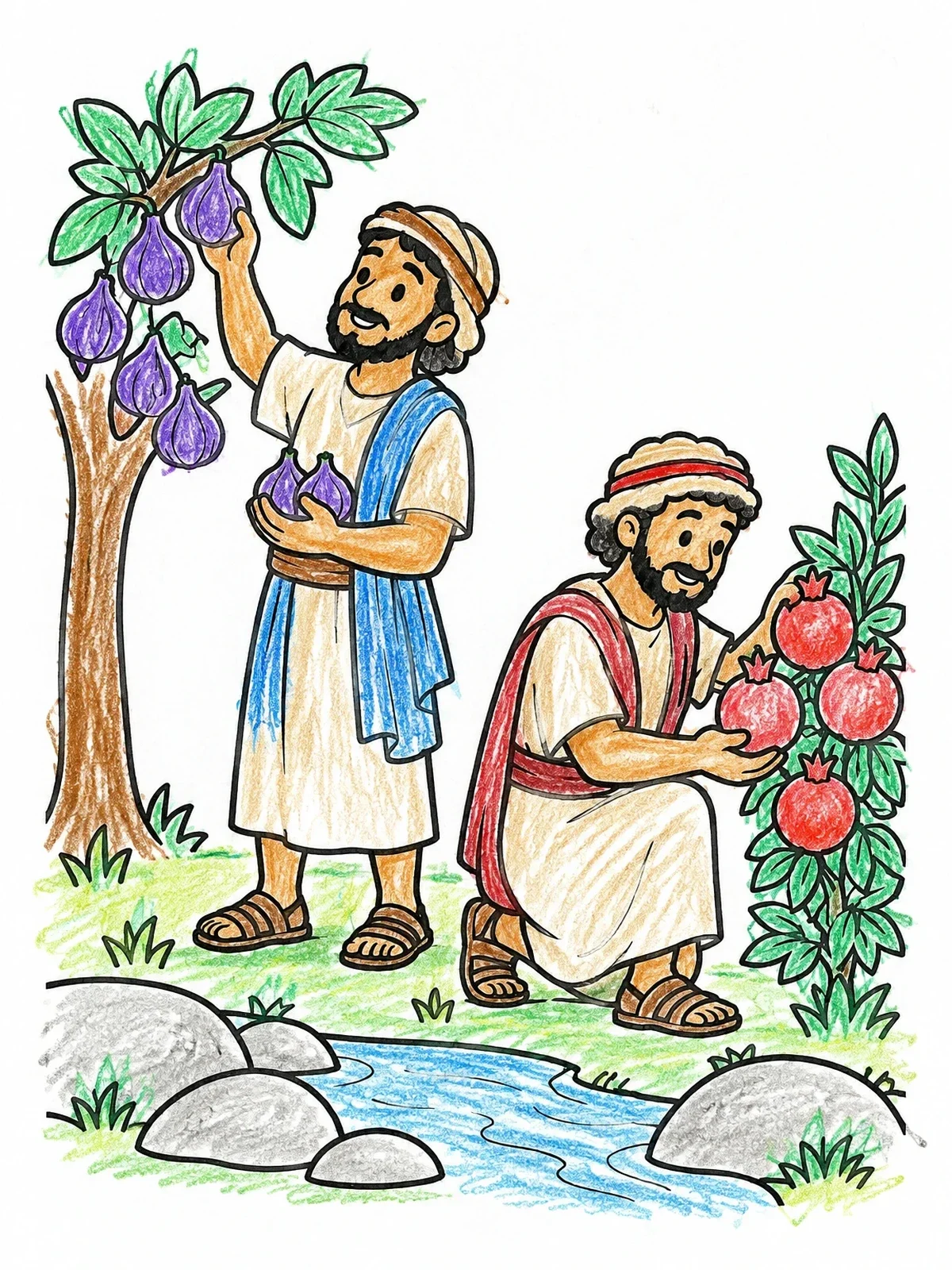 Colored example of the Joshua And Caleb Gathering Fruit coloring page