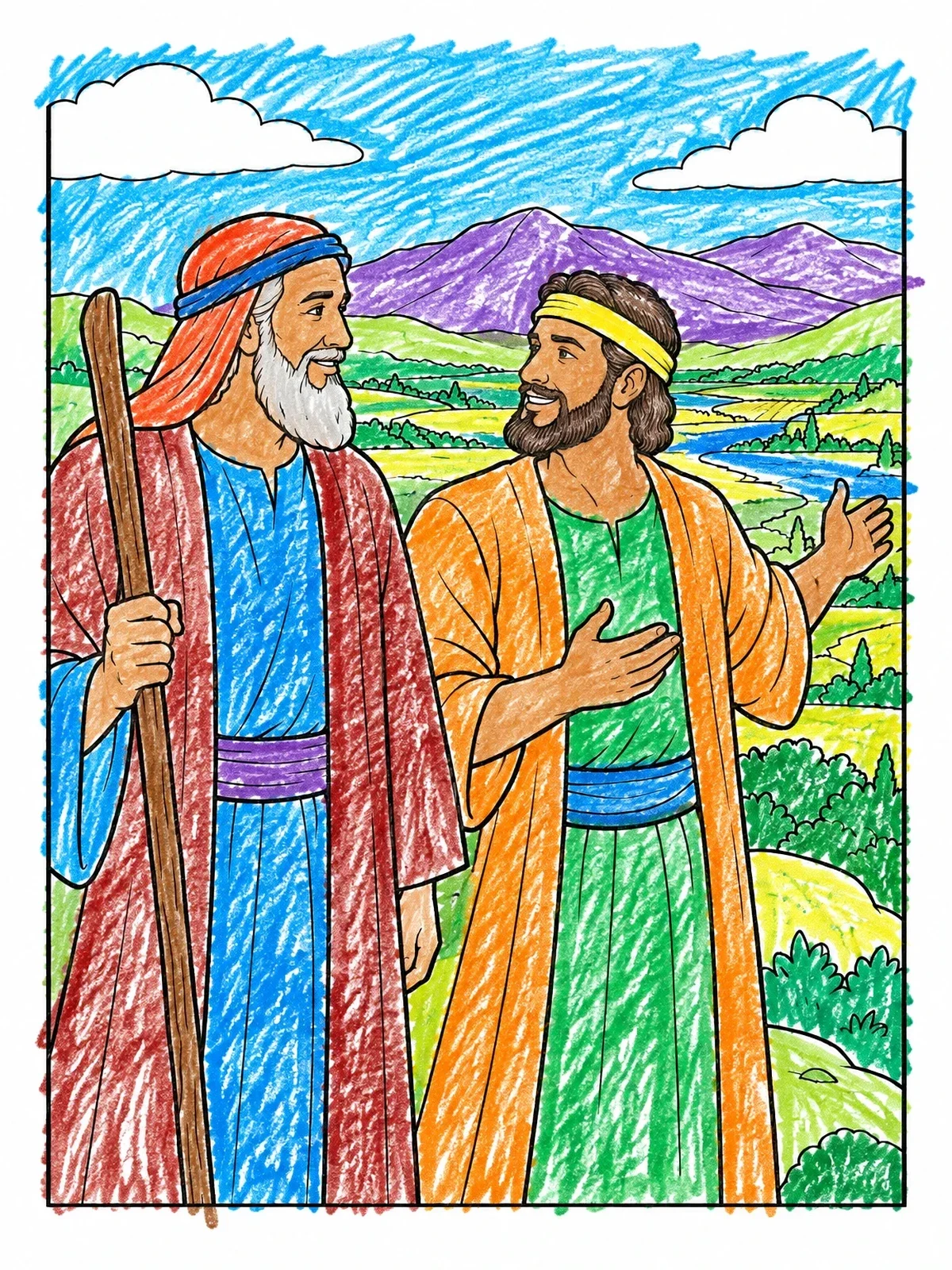 Colored example of the Moses And Caleb Looking Over The Land coloring page