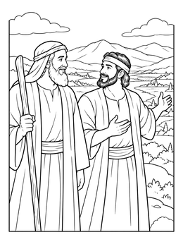 Moses and Caleb talking by the mountains in this joshua and caleb coloring page.