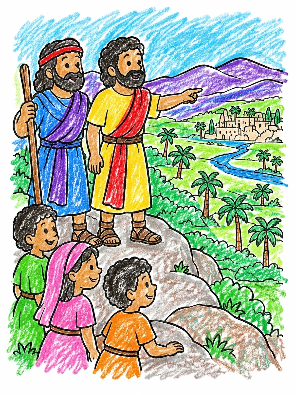 Colored example of the Joshua And Caleb Overlooking The Valley coloring page