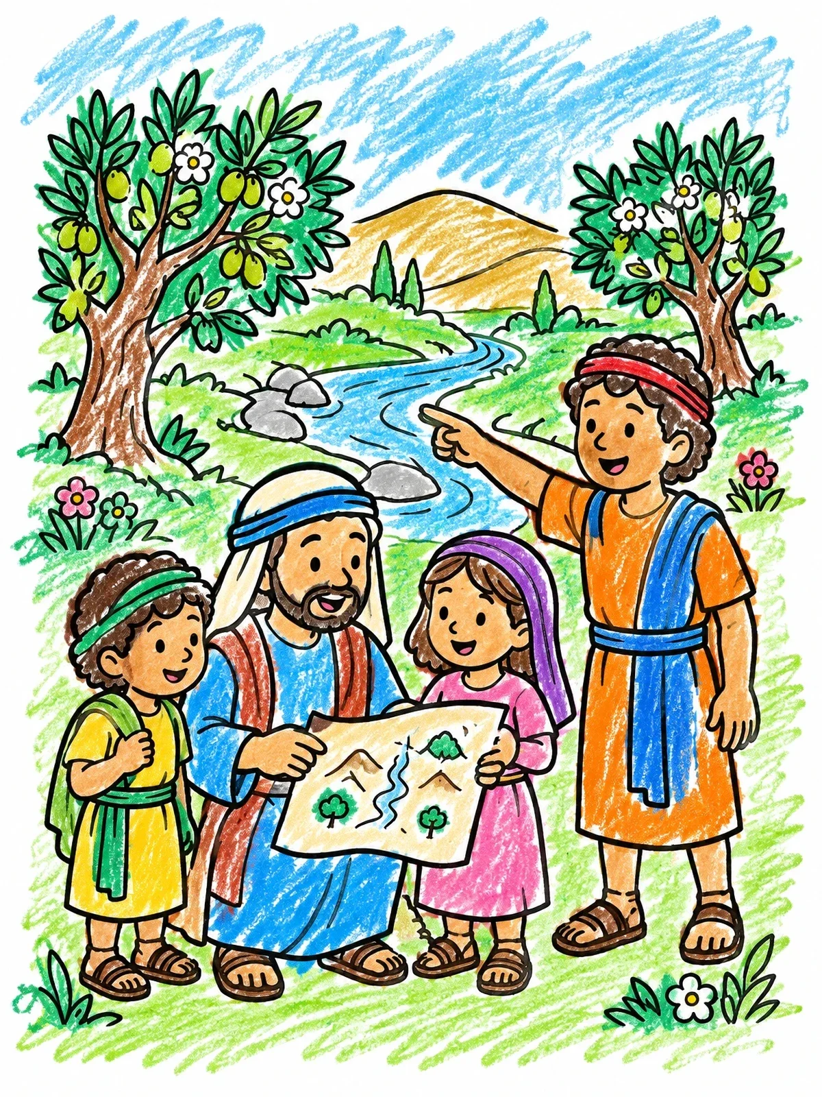 Colored example of the Joshua And Caleb Exploring With Children coloring page