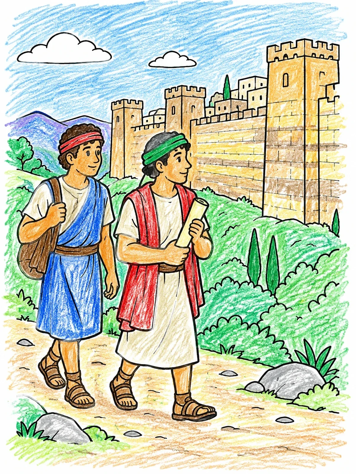 Colored example of the Joshua And Caleb Scouting The City coloring page