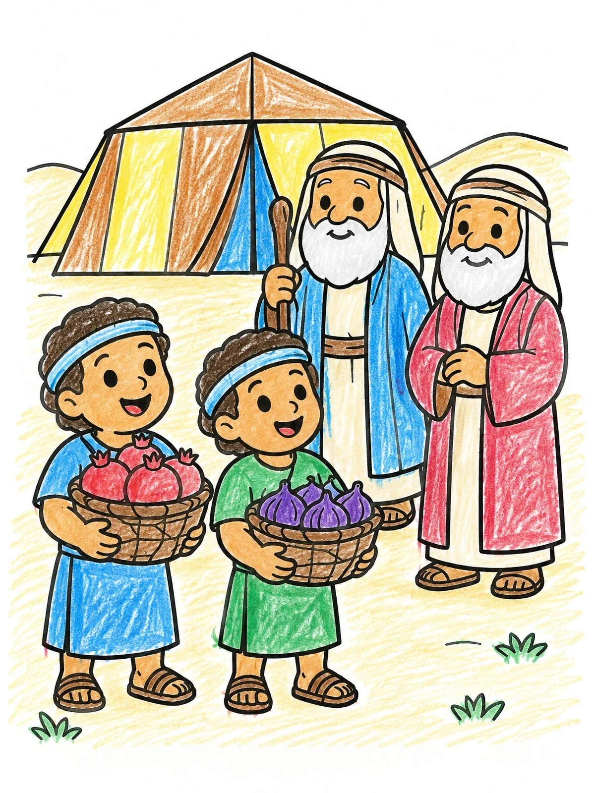 Colored example of the Joshua And Caleb Presenting Baskets Of Fruit coloring page
