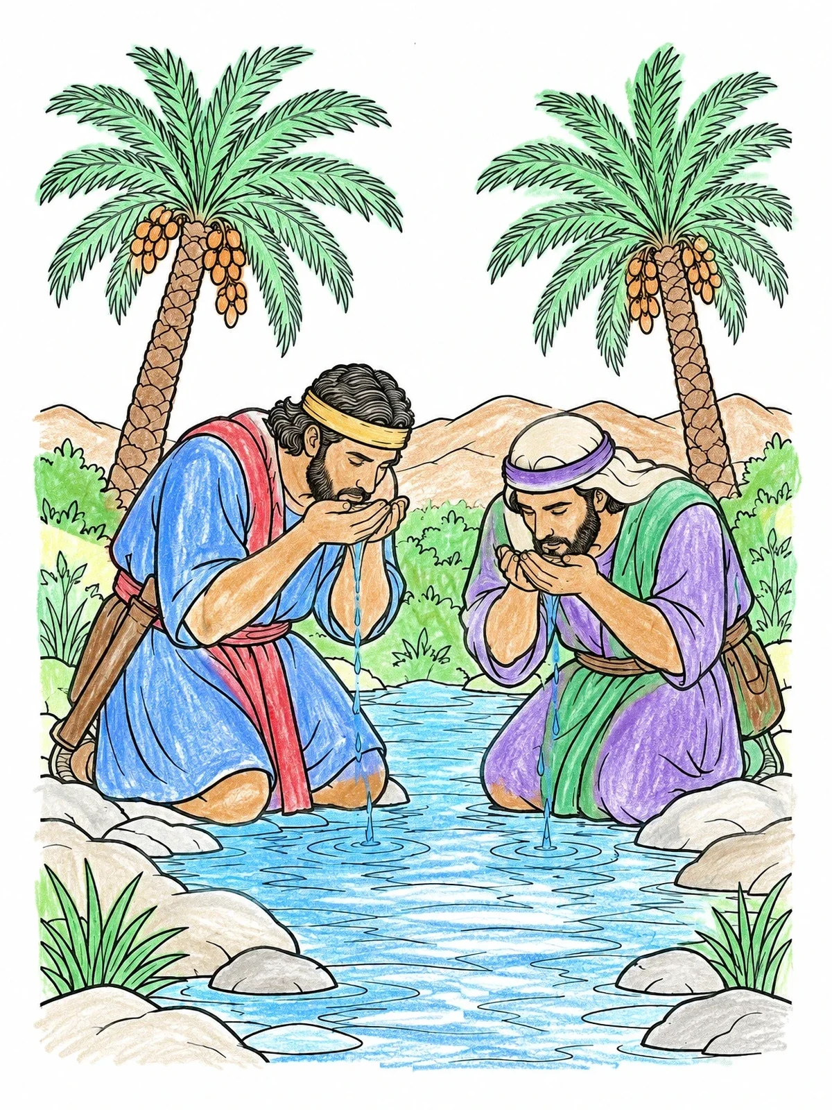 Colored example of the Joshua And Caleb Drinking At The Stream coloring page