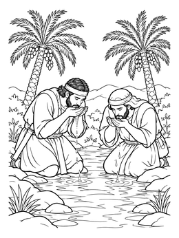 Two men drinking water from cupped hands beside a river in this joshua and caleb coloring page.
