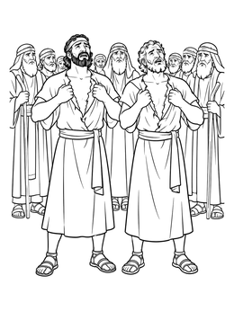 A detailed joshua and caleb coloring page showing two men tearing their tunics before a crowd of Israelite elders.