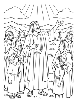 Joshua and Caleb coloring page showing a leader pointing to heaven before gathering families outside tents.