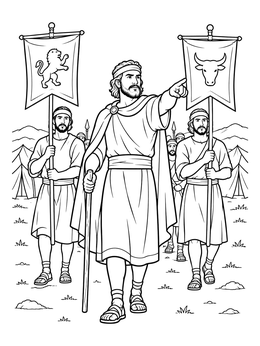 Joshua and his banner bearers march forward in this battle of jericho coloring page.