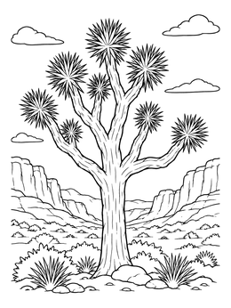 A spiky Joshua tree stands in a canyon valley on this desert coloring page.